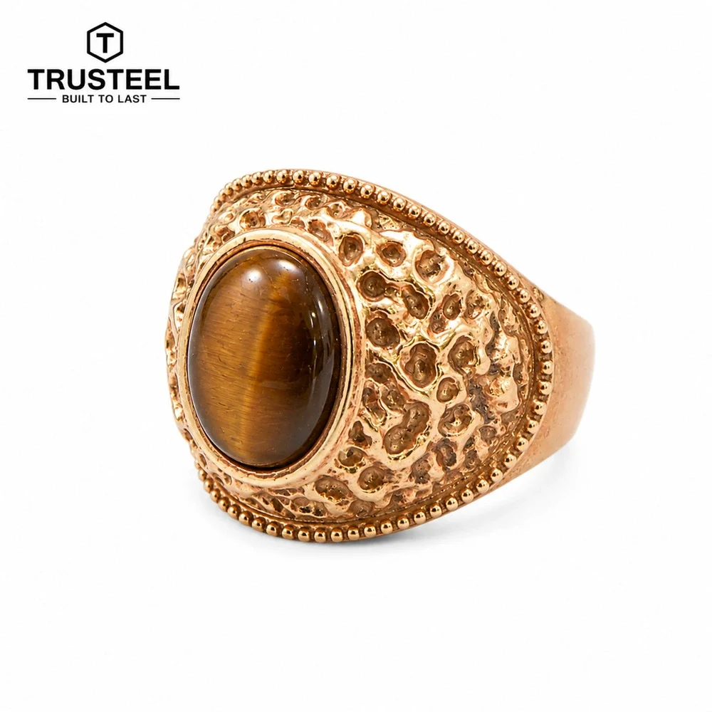 Tiger Eye Signet Ring Gold Tone Stainless Steel Statement Ring size 18